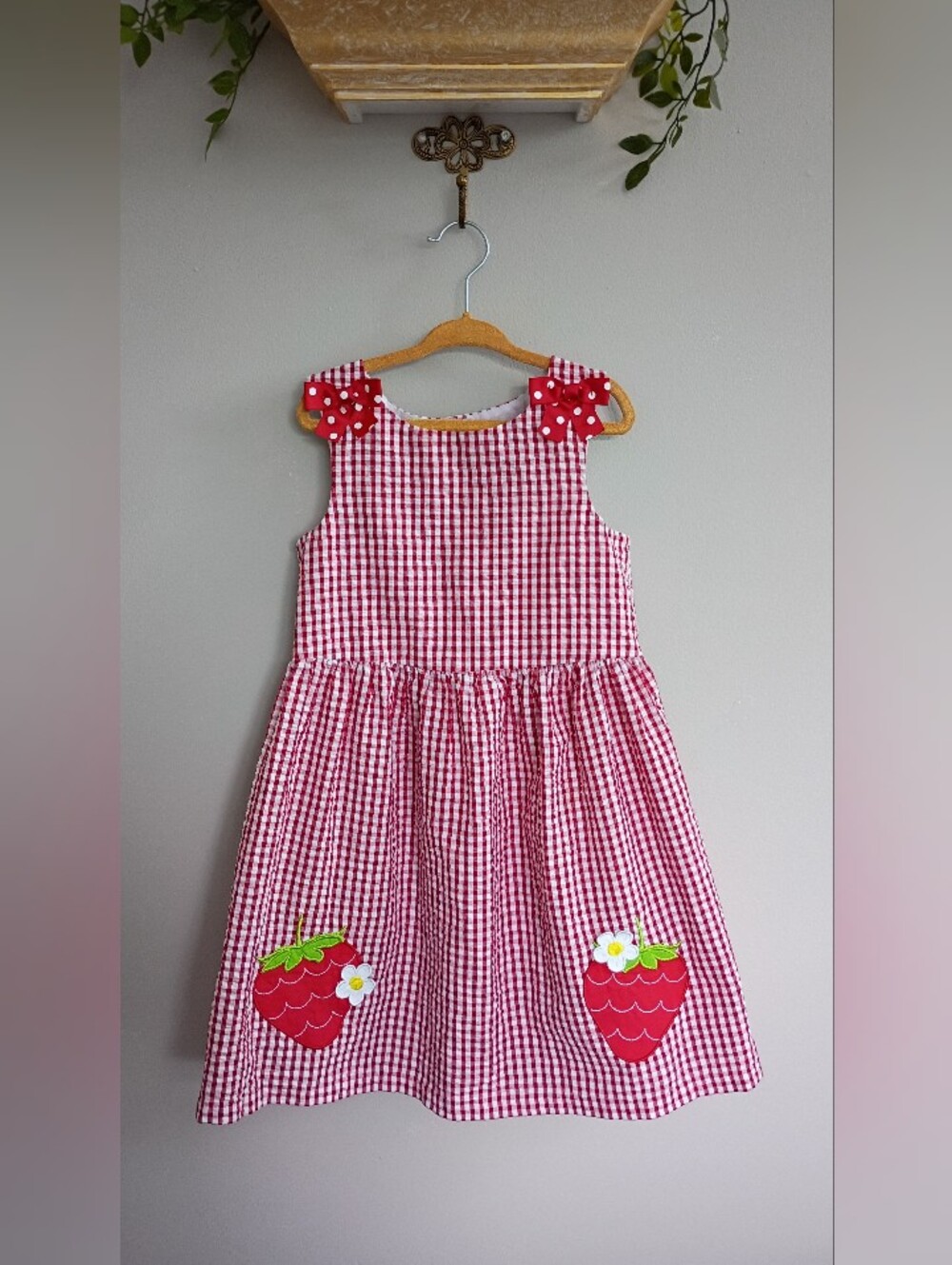Girls' Red Gingham Strawberry Appliqué Sundress
